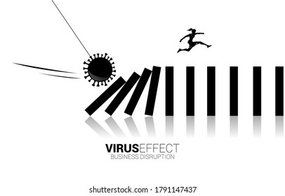 Silhouette of businesswoman jumping away on collapse domino from corona virus effect. business concept of business disruption and domino effect from pandemic.