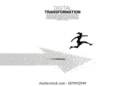 Silhouette of businesswoman jumping on the arrow from pixel. concept of digital transformation of business.