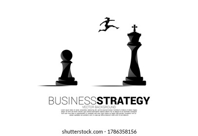 Silhouette of businesswoman jumping on chess piece from pawn to king. Concept of Goal, Mission and business strategy
