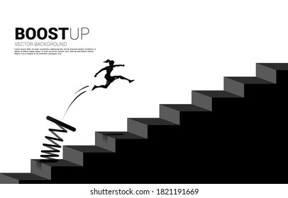 silueta de empresaria saltando para pasar paso con trampolín, Concepto de negocio de focalización y cliente.ruta al éxito.