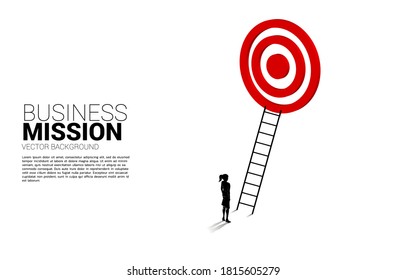 silhouette of businesswoman with ladder to target dartboard. Concept of vision mission and goal of business