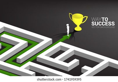 Silhouette of Businesswoman on Arrow with route path to exit the maze to golden trophy. Business concept for problem solving and solution strategy
