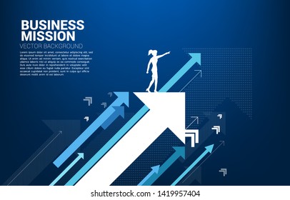 Silhouette of businesswoman point forward on moving up arrow. concept of growth business and leadership.