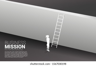 silhouette of businesswoman ready to cross the wall with ladder. Concept of vision mission and goal of business