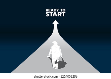 Silhouette of businesswoman ready to run from start line on growing graph. Concept of people ready to start career and business