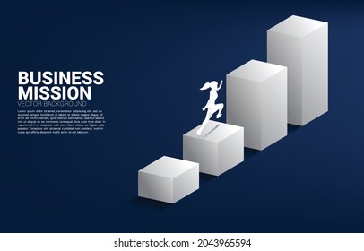 Silhouette of businesswoman running up bar chart. Concept of people ready to up level of career and business.