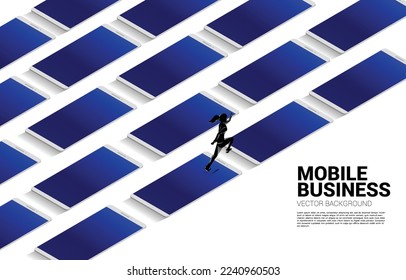 Silhouette businesswoman running with big mobile phone. Business Concept of mobile technology with business.