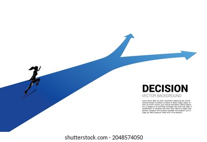 Silhouette of businesswoman running at crossroad. Concept of time to make decision in business direction