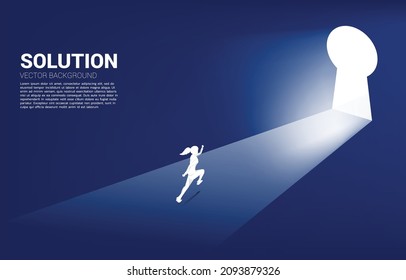 silhouette of businesswoman running to move out to key hole door. Find the solution concept vision mission and goal of business