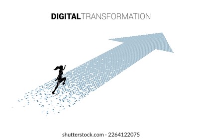 Silhouette of businesswoman running on the arrow from pixel. concept of digital transformation of business.