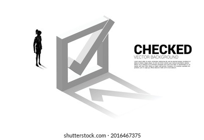 Silhouette businesswoman standing with 3D check box. concept for election voting themed background.