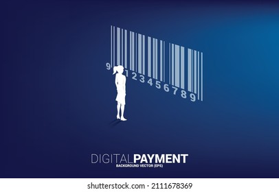 Silhouette businesswoman standing with bar code in the air. Concept for e-commerce and retail shopping.