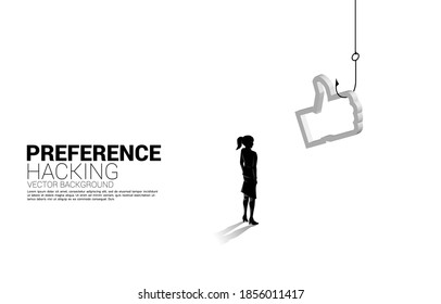 Silhouette of businesswoman standing with fishing hook with 3D thumb up icon. Concept of click bait and digital phishing.