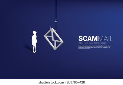 Silhouette of businesswoman standing with fishing hook with email icon. Concept of scam mail and phishing.