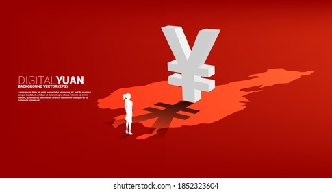 Silhouette of businesswoman standing with money yuan currency icon 3D with shadow on china map. Concept for digital yuan financial and banking.