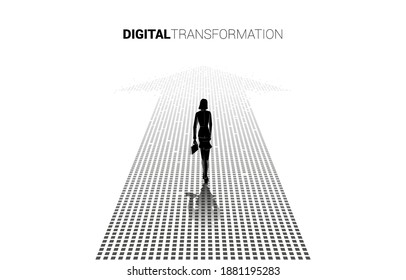 Silhouette of businesswoman standing on the arrow from pixel. concept of digital transformation of business.