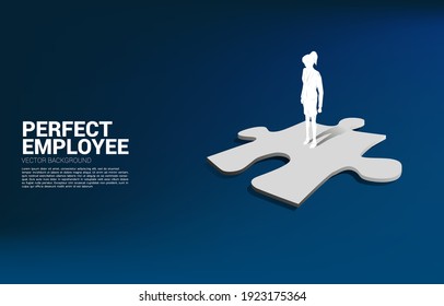 Silhouette of businesswoman standing on jigsaw piece. Concept of perfect recruitment. Human Resource. put the right man on the right job.