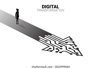 Silhouette of businesswoman standing on the way with dot connect line circuit. concept of digital transformation of business.