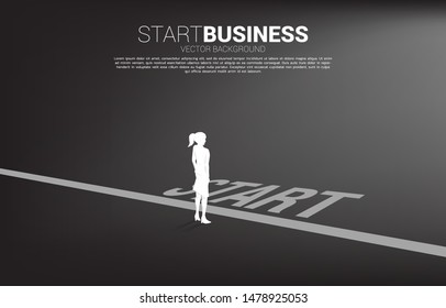 Silhouette of businesswoman standing at start line. Concept of people ready to start career and business