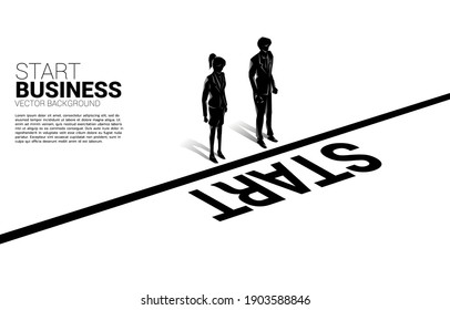 Silhouette of businesswoman and businesswoman standing at start line. Concept of people ready to start career and business