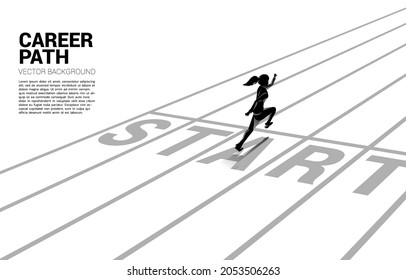 Silhouette of businesswoman start running from start line. Concept of people ready to start career and business