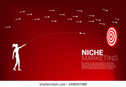 silhouette of businesswoman throw out dart arrow to hit the dartboard from another way. Business Concept of niche marketing, targeting and customer. Company vision mission.