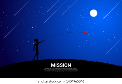 silhouette of businesswoman throw out origami paper airplane at night. Business Concept of start business and entrepreneur