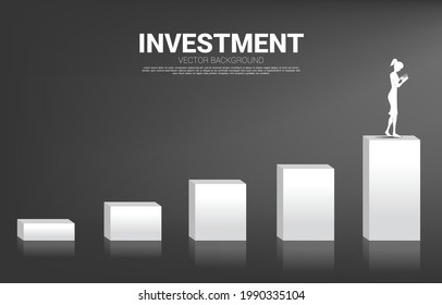 Silhouette of businesswoman use mobile phone standing on growth graph. Concept of people ready to up level of career and business.