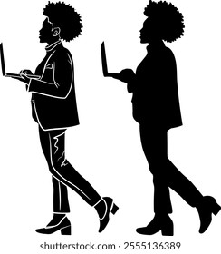 Silhouette of a businesswoman using a laptop while walking, Silhouette of a businesswoman