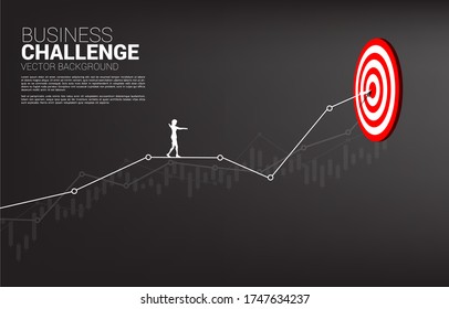 Silhouette Of Businesswoman Walk Rope On Line Graph To Center Of Dartboard.  Concept Of Targeting And Business Challenge.route To Success.