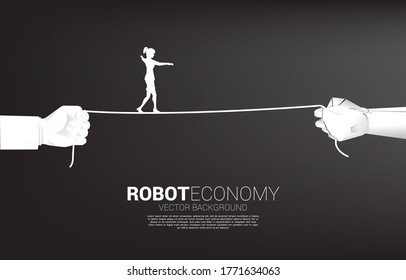silhouette of businesswoman walk rope in robot and human hand. Concept of Business challenge and career path.