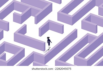 Silhouette of businesswoman walking at center of  maze. Business concept for problem solving and solution strategy