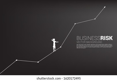 Silhouette Of Businesswoman Walking On Rope Walk Way Up To Growth Line Graph.Concept For Business Risk And Career Path