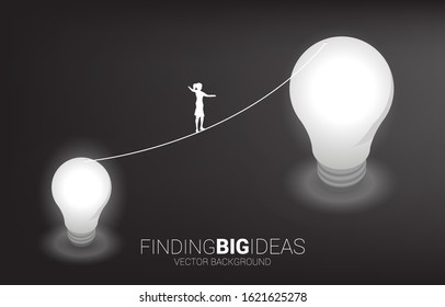 Silhouette of businesswoman walking on rope walk from small bulb to big one.Concept for business risk for finding big idea and design thinking