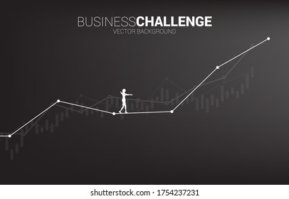 Silhouette Of Businesswoman Walking On Rope Walk Way Up To Growth Line Graph.Concept For Business Risk And Challenge In Career Path