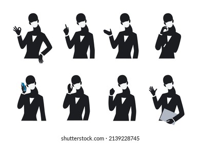 Silhouette of the businesswoman wearing a mask. Sets of 8 pose.