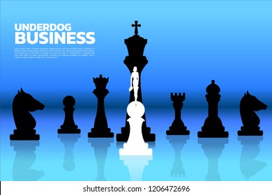 Silhouette of businesswomen standing on white pawn chess piece in front of all of black chess piece. Concept of underdog business marketing strategy. svg