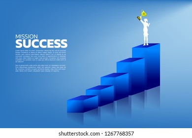 silhouette of businesswomen with the winner trophy standing on the top of graph. Business Concept of Goal, Mission, Vision, Success in Career path.