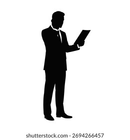 Silhueta de um homem de negócios ocupado multitarefa fazendo uma chamada telefônica ao analisar um documento importante