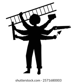 Silhouette of a Busy Multitasking Woman with Various Objects