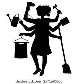 Silhouette of a Busy Multitasking Woman with Various Objects