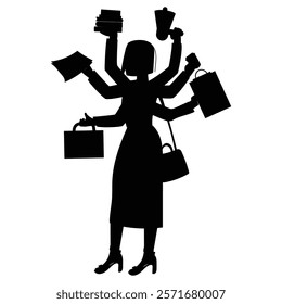 Silhouette of a Busy Multitasking Woman with Various Objects