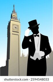 Silhouette of a butler tipping his hat with big ben in the background