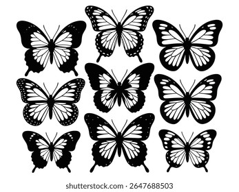 Silhouette of butterflies. Collection of spring butterfly silhouettes in vector isolated on white background