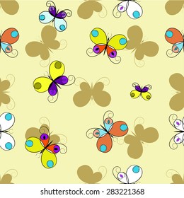 silhouette of butterflies and colorful butterflies on background of color champagne, seamless pattern 