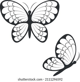 Silhouette of butterflies. Image of beautiful butterflies top and side view. A bright moth. Vector illustration isolated on a white background