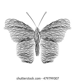 Silhouette of a butterfly. Abstract background of lines in waves. Vector illustration.