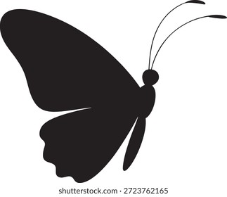La silueta de una mariposa con alas bellamente diseñadas y antenas largas se representa sobre un fondo blanco limpio en un diseño simple pero elegante.