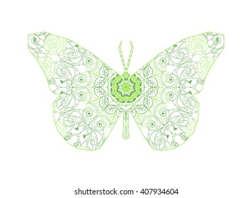 Silhouette of butterfly with circular ornament like spiderweb in lime  and green tones . Floral mandala art.