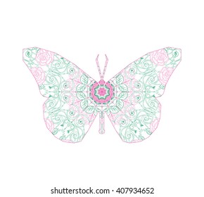 Silhouette of butterfly with circular ornament like spiderweb in lime and pink tones.  Floral mandala art.